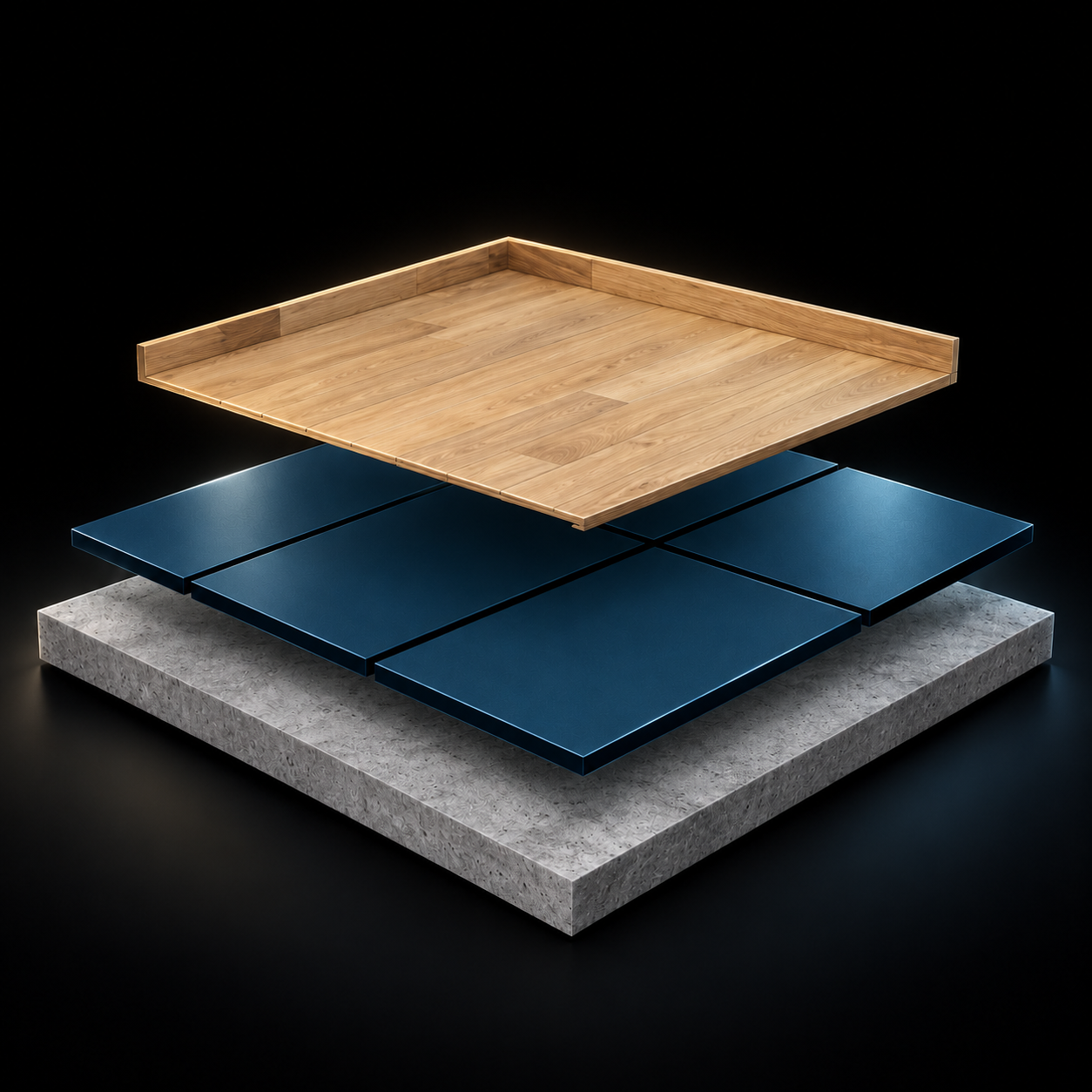 Illustrative exploded view of the heating module beneath a wooden floor finish