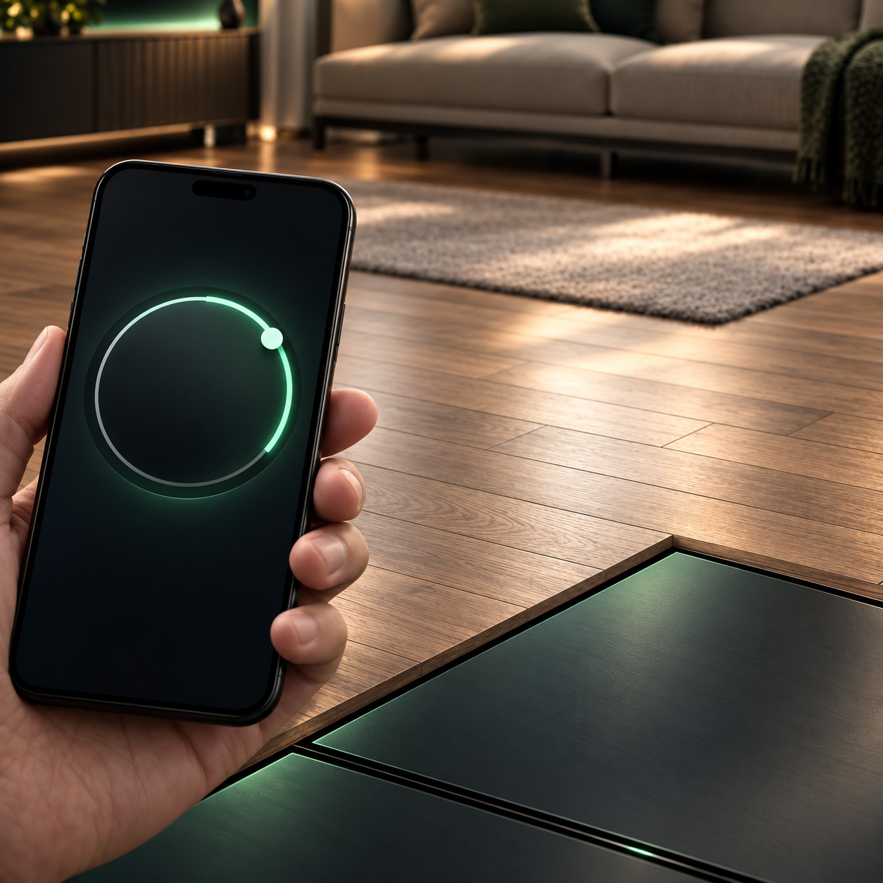 Smartphone showing a room temperature control interface beside floor panels